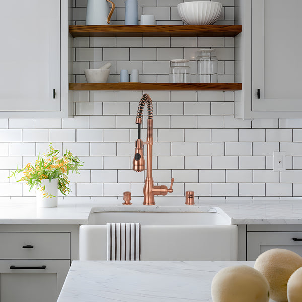 Copper Kitchen Faucet with Soap Dispenser, Single Handle Solid Brass High Arc Pull Down Sprayer Head Kitchen Sink Faucets with Deck Plate