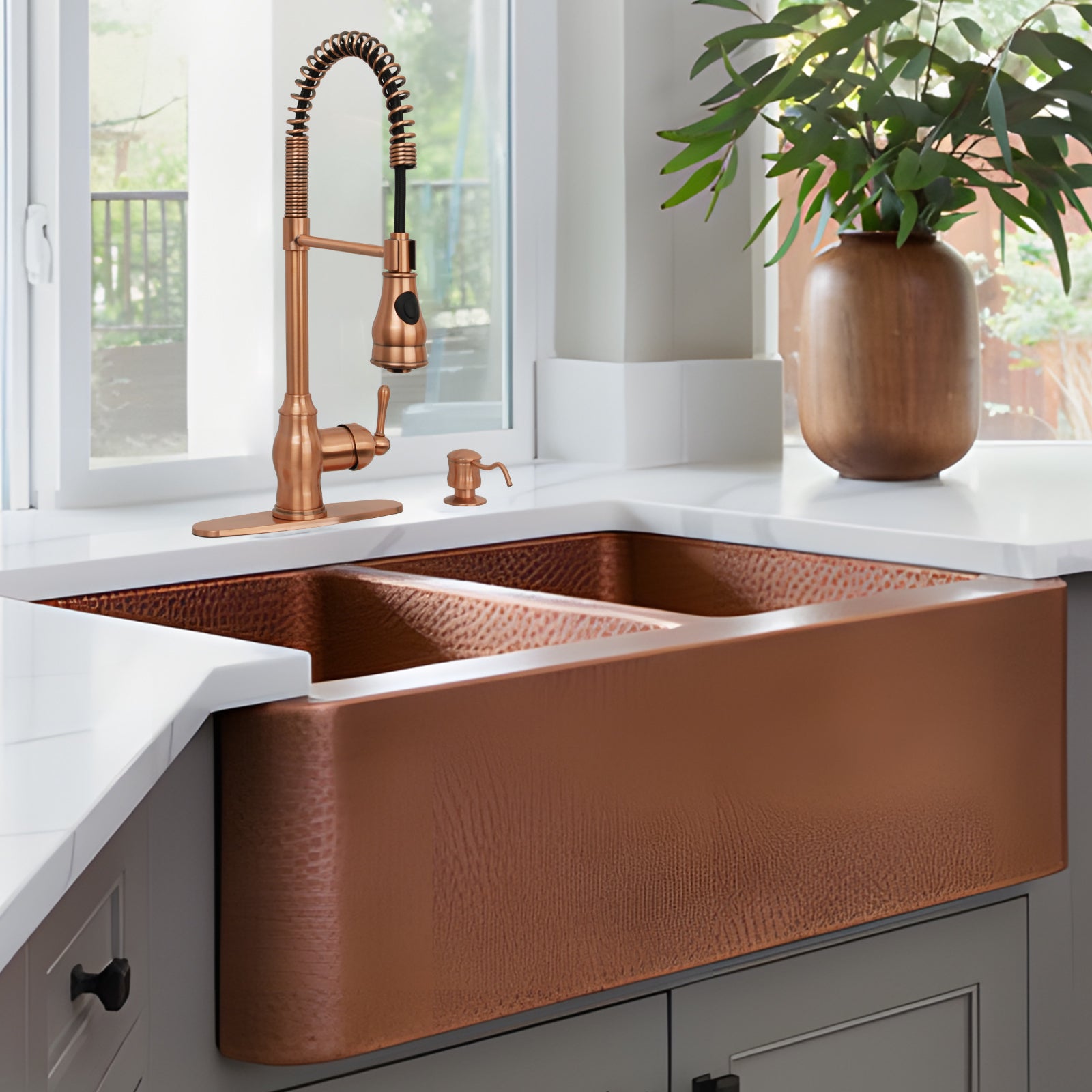 Copper Kitchen Faucet with Soap Dispenser, Single Handle Solid Brass High Arc Pull Down Sprayer Head Kitchen Sink Faucets with Deck Plate