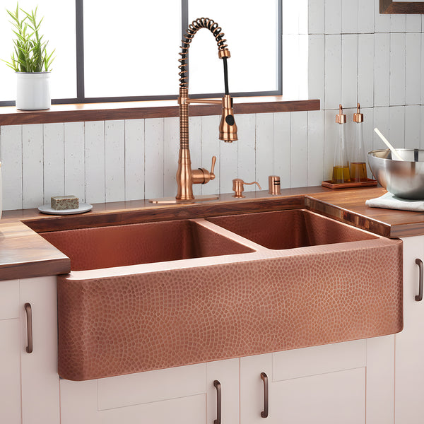 Copper Kitchen Faucet with Soap Dispenser, Single Handle Solid Brass High Arc Pull Down Sprayer Head Kitchen Sink Faucets with Deck Plate