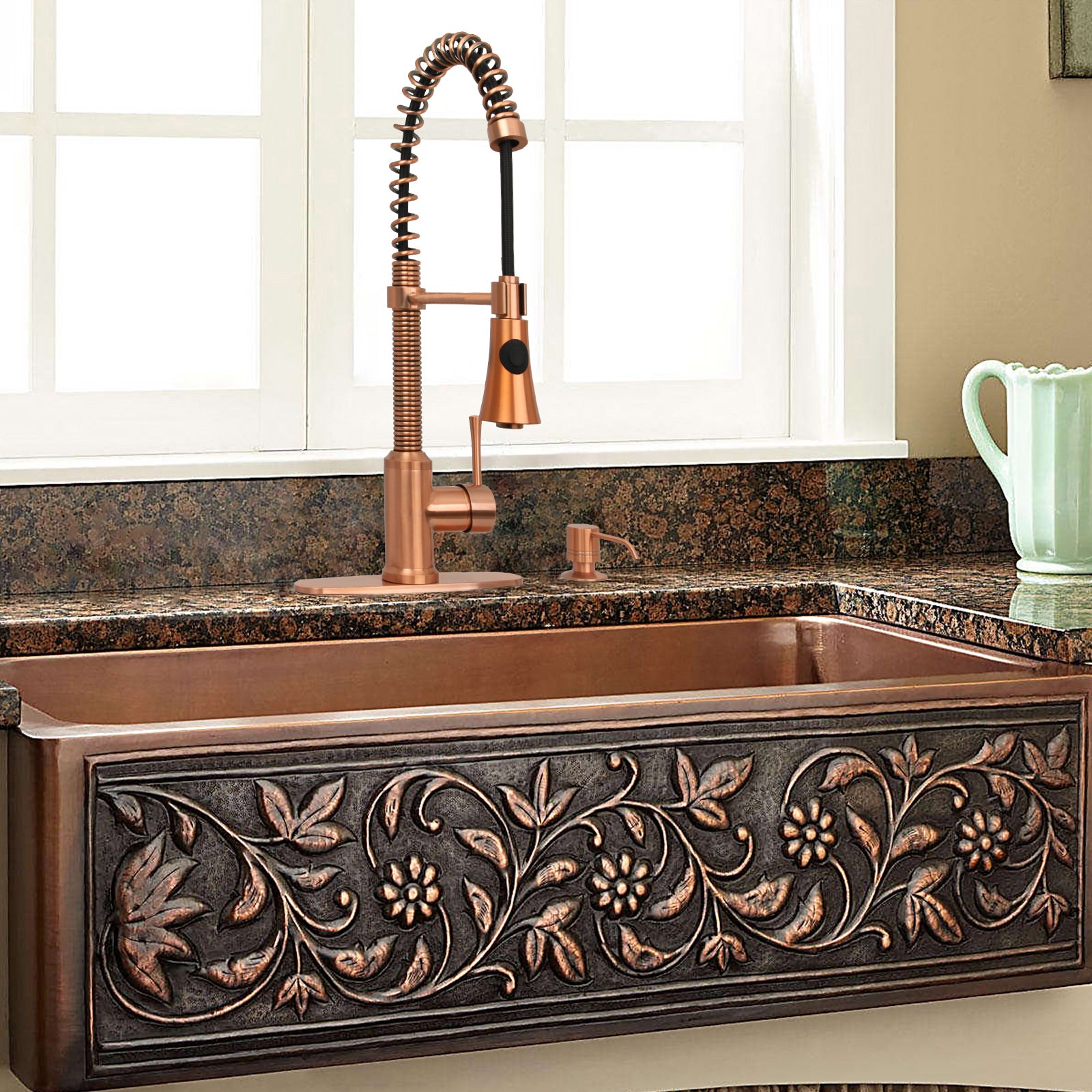 Copper Pre-Rinse Spring Kitchen Faucet, Single Level Solid Brass Kitchen Sink Faucets with Pull Down Sprayer - AK96565C