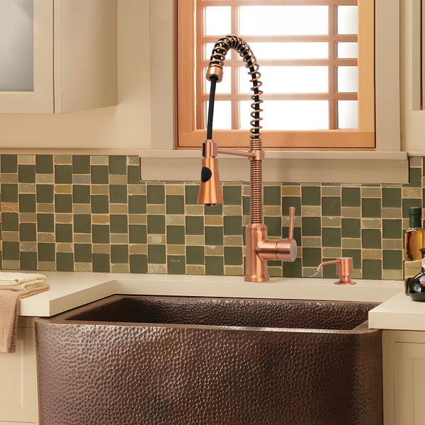 Copper Kitchen Faucet with Soap Dispenser, Single Handle Solid Brass High Arc Pull Down Sprayer Head Kitchen Sink Faucets with Deck Plate