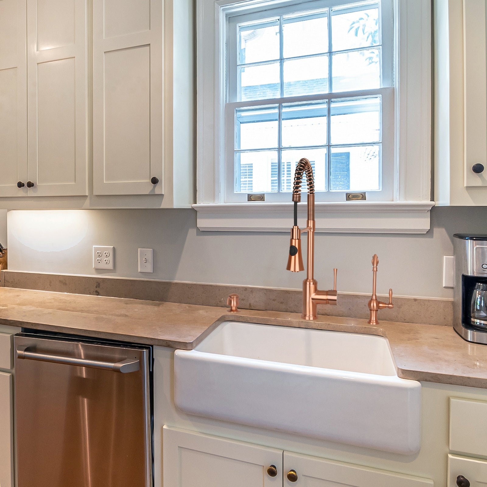 Copper Kitchen Faucet with Soap Dispenser, Single Handle Solid Brass High Arc Pull Down Sprayer Head Kitchen Sink Faucets with Deck Plate