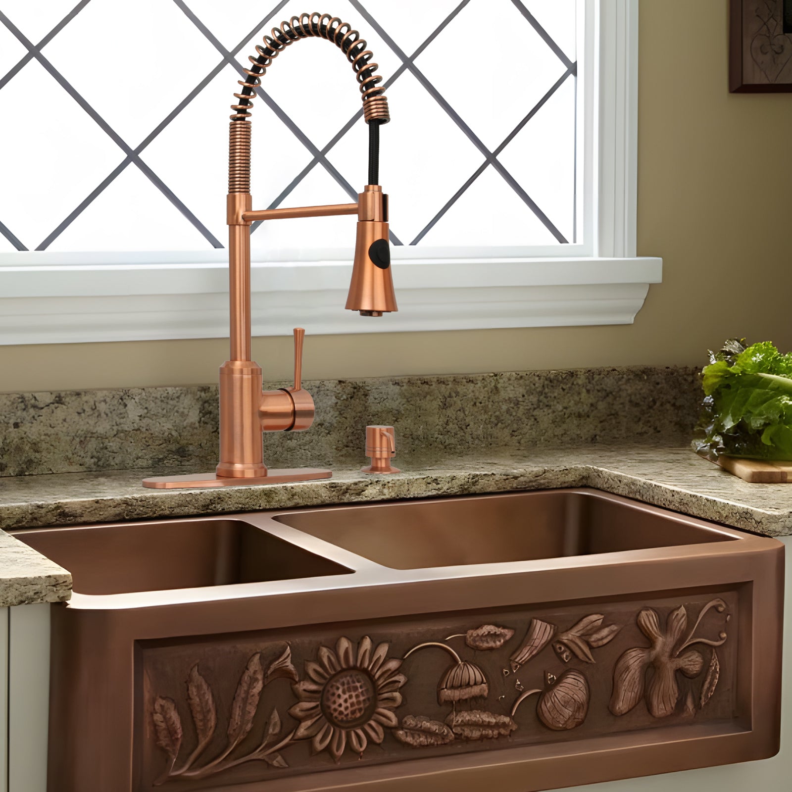 Copper Kitchen Faucet with Soap Dispenser, Single Handle Solid Brass High Arc Pull Down Sprayer Head Kitchen Sink Faucets with Deck Plate