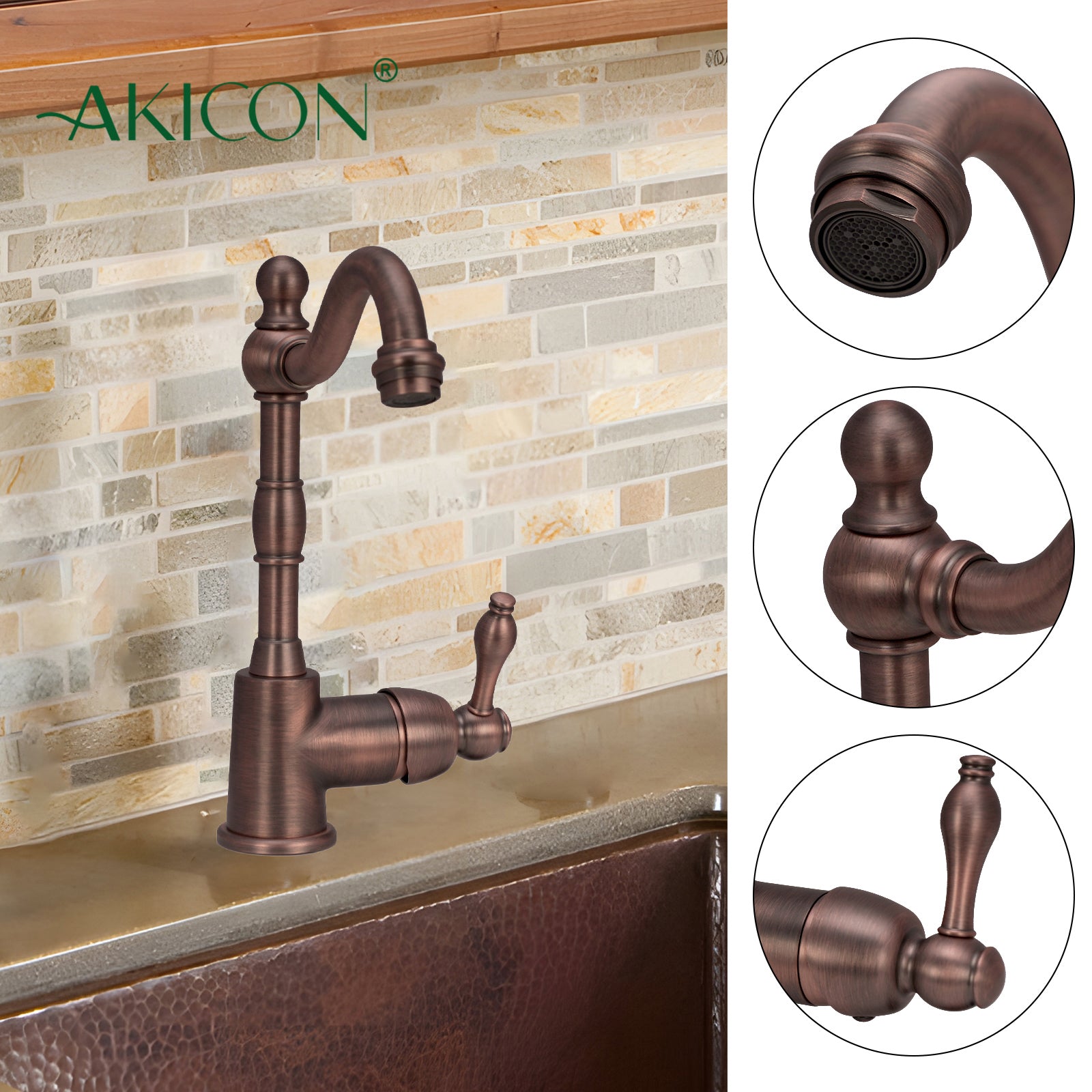 Copper One-Handle Widespread Kitchen Bar Sink Faucet, Solid Brass Prep Sink Faucet - Antique Bronze