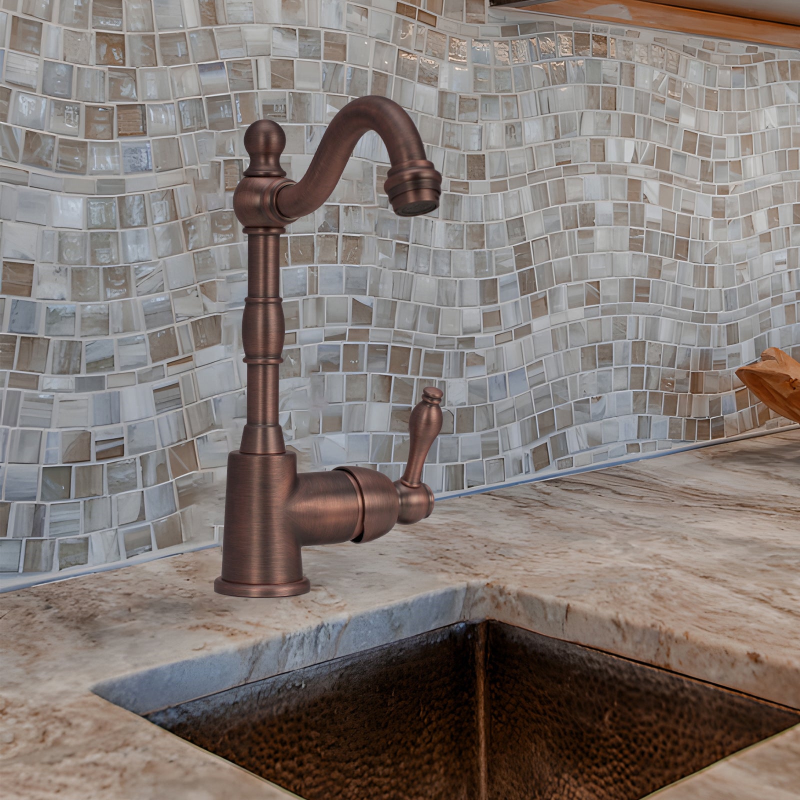 Copper One-Handle Widespread Kitchen Bar Sink Faucet, Solid Brass Prep Sink Faucet - Antique Bronze