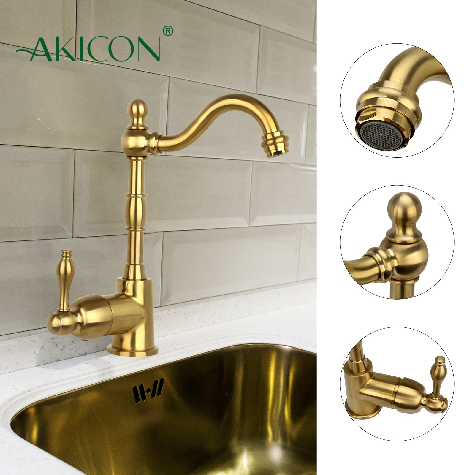 One-Handle Brushed Gold Widespread Kitchen Bar Faucet - AK96118P1-BTG