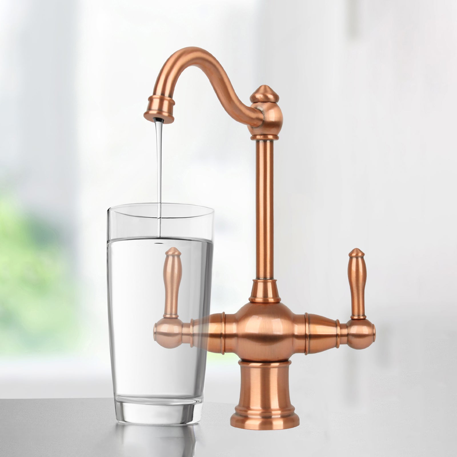 Two-Handles Copper Drinking Water Filter Faucet, Dual Lever Hot and Cold Water Faucet for Instant Hot Water Tank Dispenser & Filtration System - AK96218A1-C