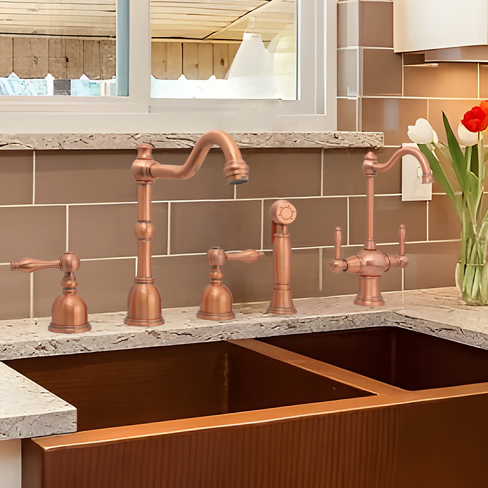 Two-Handles Copper Drinking Water Filter Faucet, Dual Lever Hot and Cold Water Faucet for Instant Hot Water Tank Dispenser & Filtration System