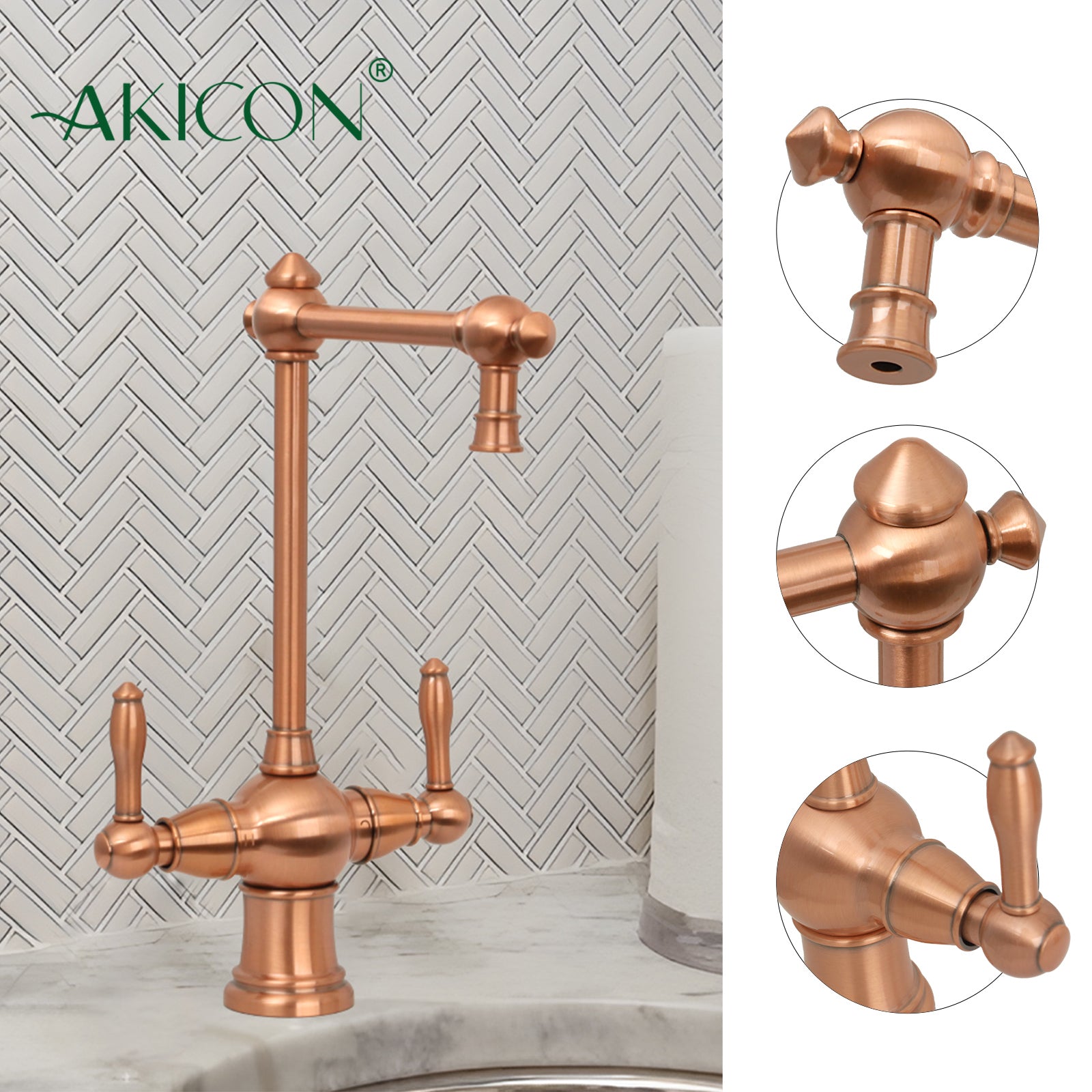 Two-Handles Copper Drinking Water Filter Faucet, Dual Lever Hot and Cold Water Faucet for Instant Hot Water Tank Dispenser & Filtration System-AK96218P1C