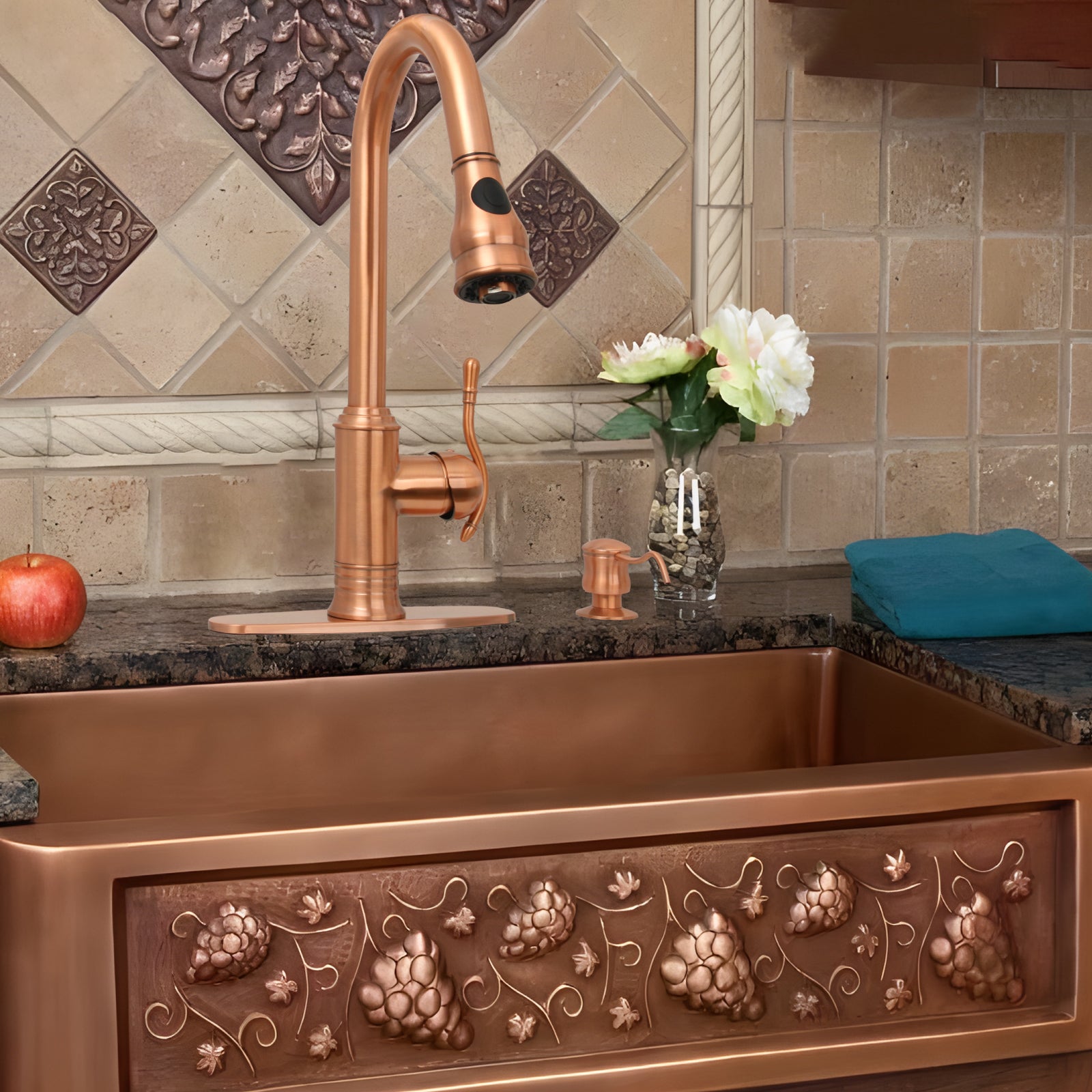 Copper Pull Out Kitchen Faucet, Single Level Solid Brass Kitchen Sink Faucets with Pull Down Sprayer - AK96415-D-C