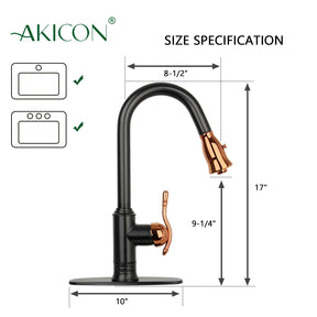 Two-Tone Matte Black & Rose Gold Pull Out Kitchen Faucet with Deck Plate, Single Level Solid Brass Kitchen Sink Faucets with Pull Down Sprayer - AK415BLRG