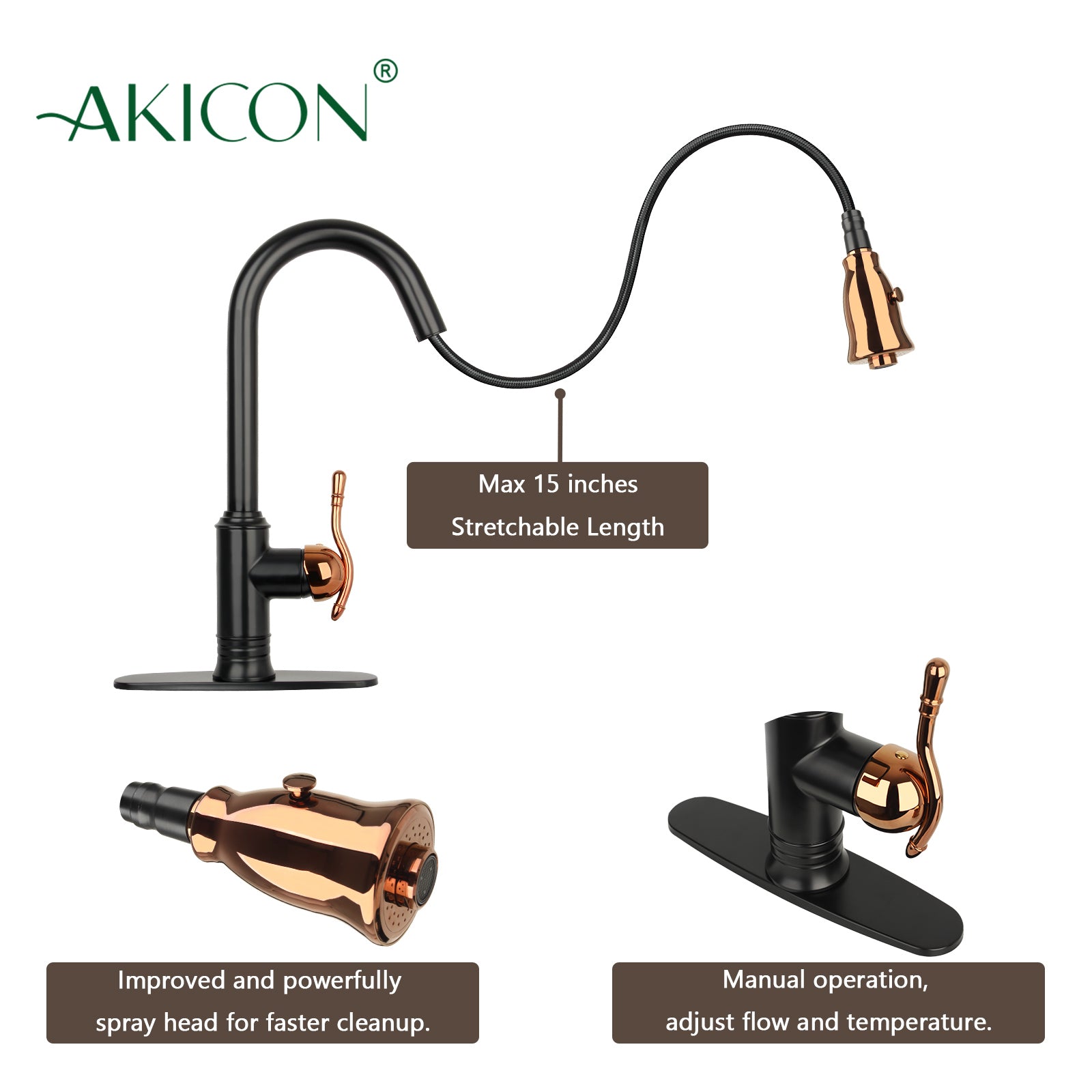 Two-Tone Matte Black & Rose Gold Pull Out Kitchen Faucet with Deck Plate, Single Level Solid Brass Kitchen Sink Faucets with Pull Down Sprayer - AK415BLRG
