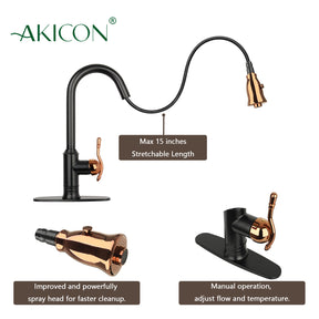 Two-Tone Matte Black & Rose Gold Pull Out Kitchen Faucet with Deck Plate, Single Level Solid Brass Kitchen Sink Faucets with Pull Down Sprayer - AK415BLRG