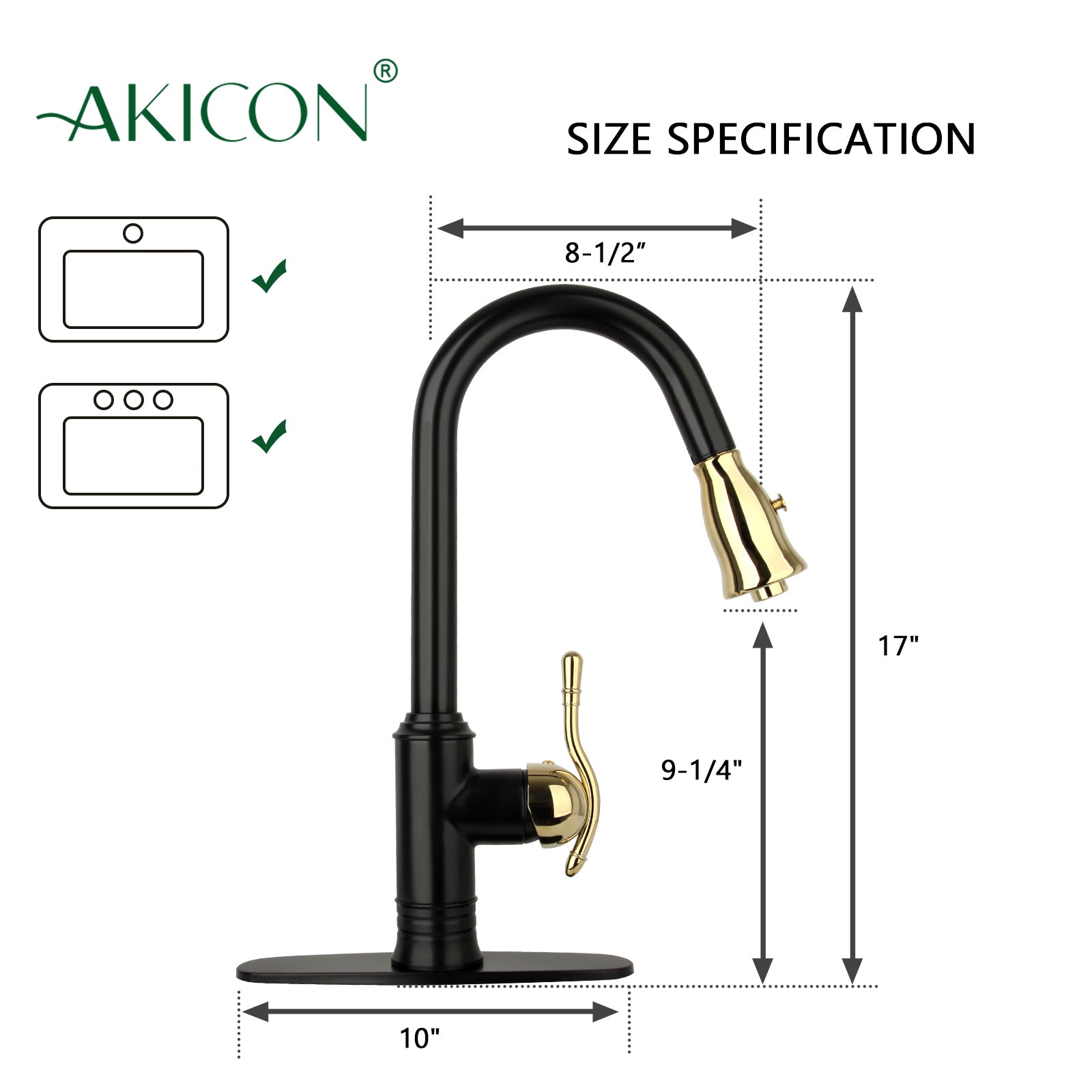 Two-Tone Matte Black & Gold Pull Out Kitchen Faucet with Deck Plate, Single Level Solid Brass Kitchen Sink Faucets with Pull Down Sprayer - AK415BLZG