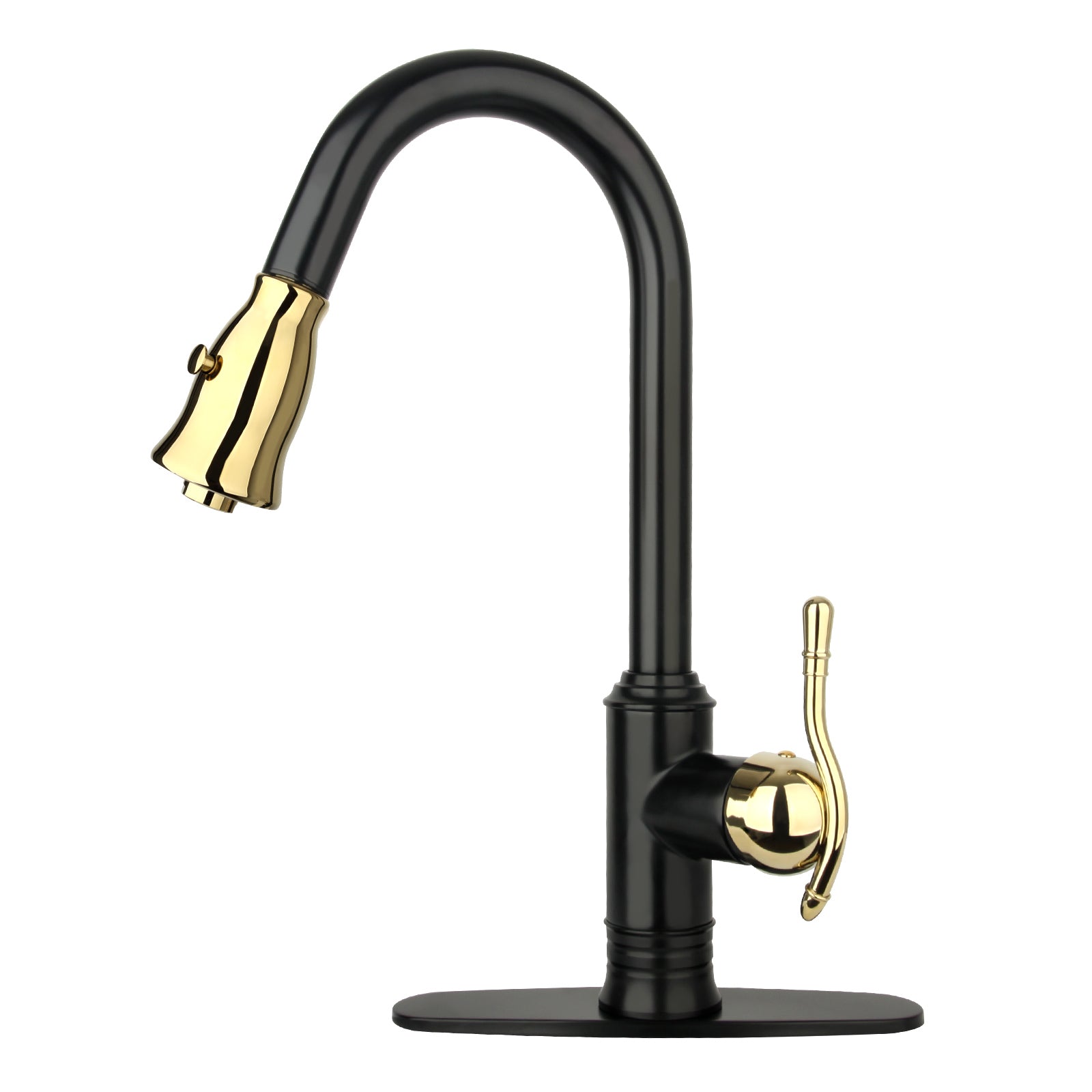 Two-Tone Matte Black & Gold Pull Out Kitchen Faucet with Deck Plate, Single Level Solid Brass Kitchen Sink Faucets with Pull Down Sprayer - AK415BLZG