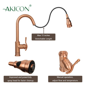 Copper Pull Out Kitchen Faucet, Single Level Solid Brass Kitchen Sink Faucets with Pull Down Sprayer - AK96415-D-C