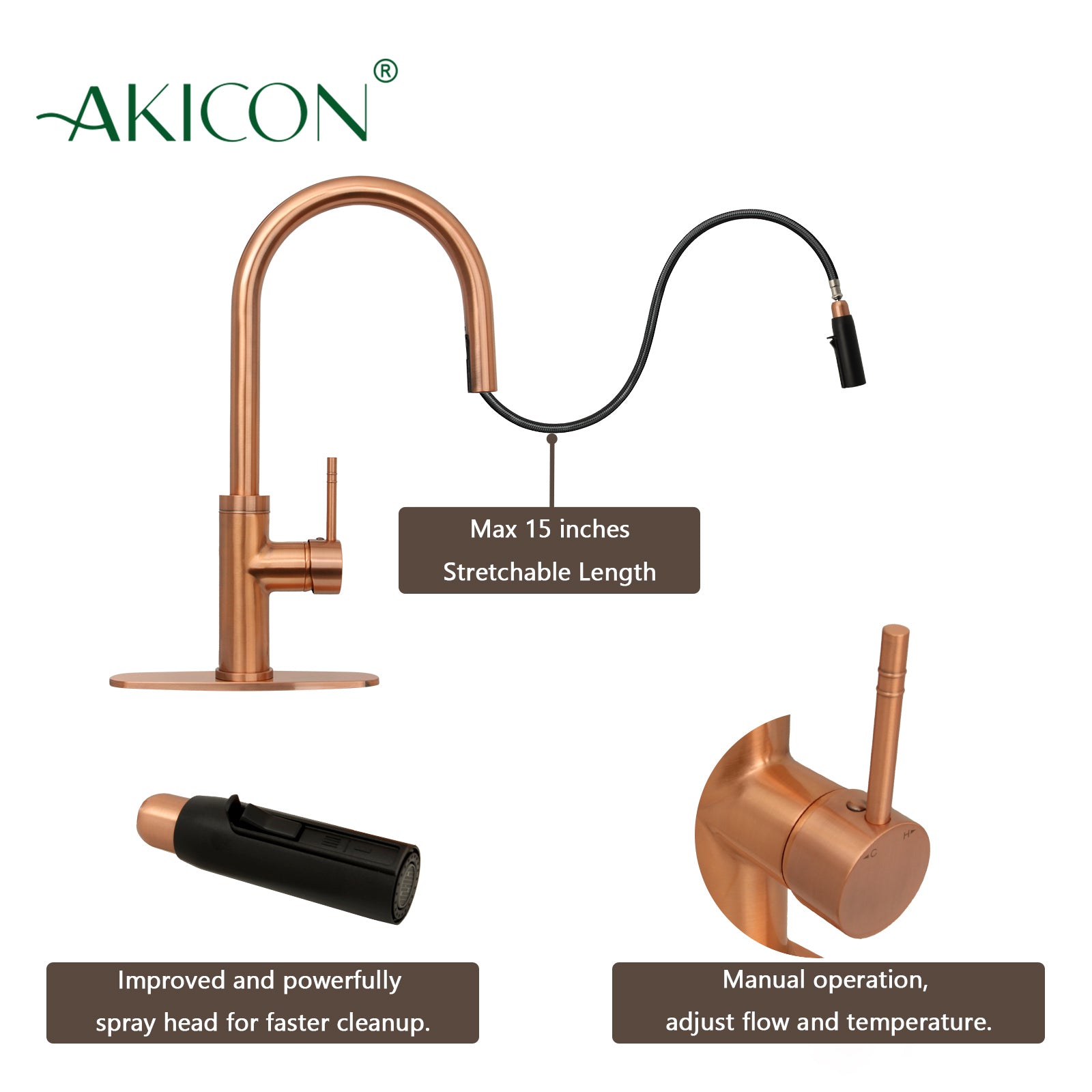 Copper Pull Out Kitchen Faucet with Deck Plate, Single Level Solid Brass Kitchen Sink Faucets with Pull Down Sprayer-AK96416C