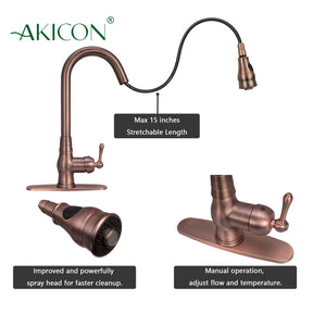 Copper Pull Out Kitchen Faucet with Deck Plate, Solid Brass Kitchen Sink Faucets with Pull Down Sprayer - Antique Bronze