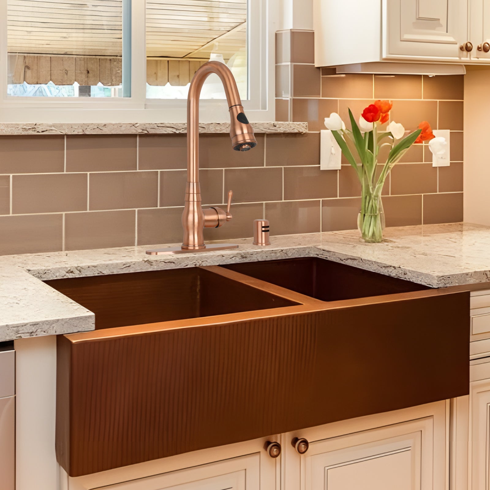 Copper Kitchen Faucet with Soap Dispenser, Single Handle Solid Brass High Arc Pull Down Sprayer Head Kitchen Sink Faucets with Deck Plate