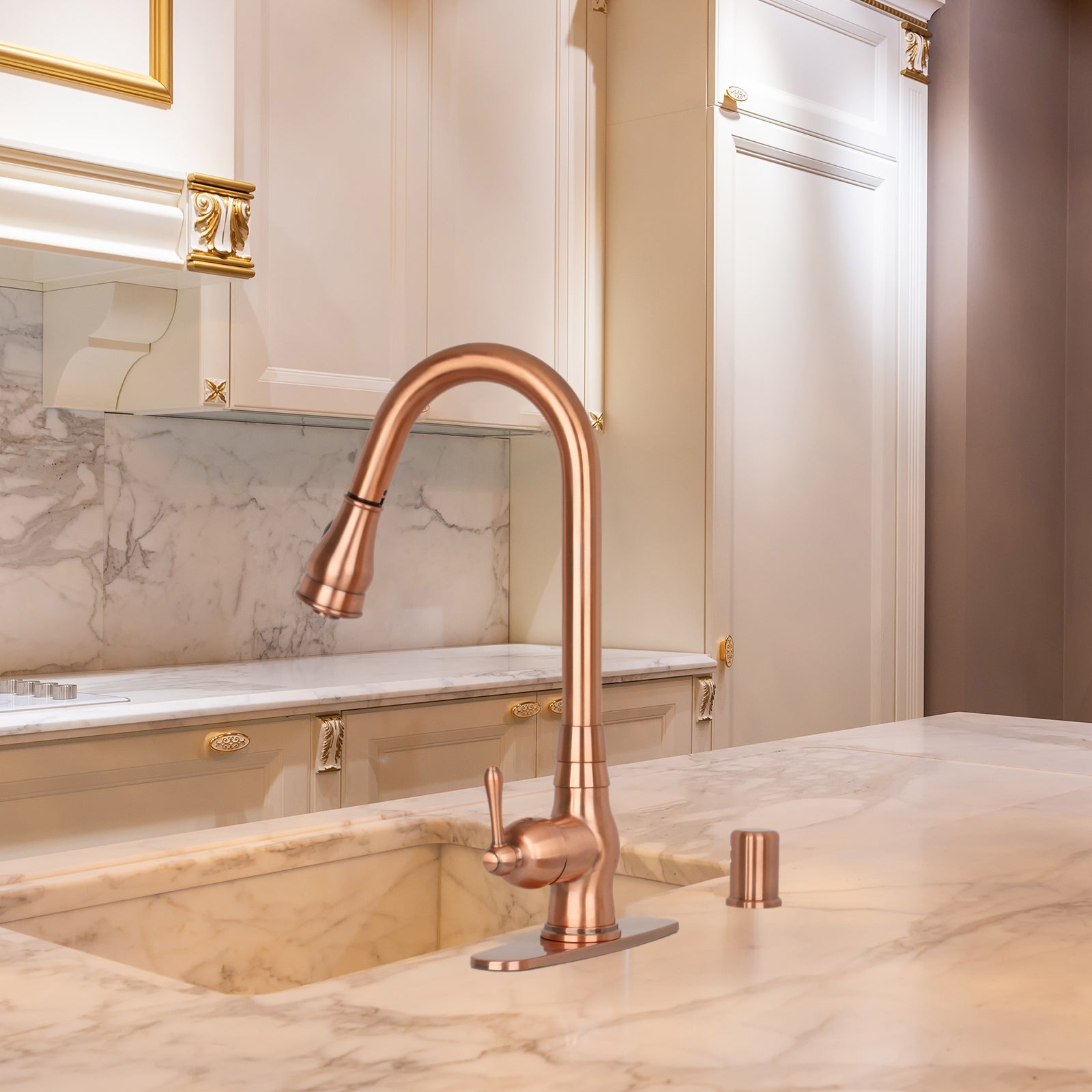 Copper Kitchen Faucet with Soap Dispenser, Single Handle Solid Brass High Arc Pull Down Sprayer Head Kitchen Sink Faucets with Deck Plate
