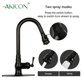 Pull Out Kitchen Faucet with Deck Plate, Single Level Solid Brass Kitchen Sink Faucets with Pull Down Sprayer-AK96418-D-MB