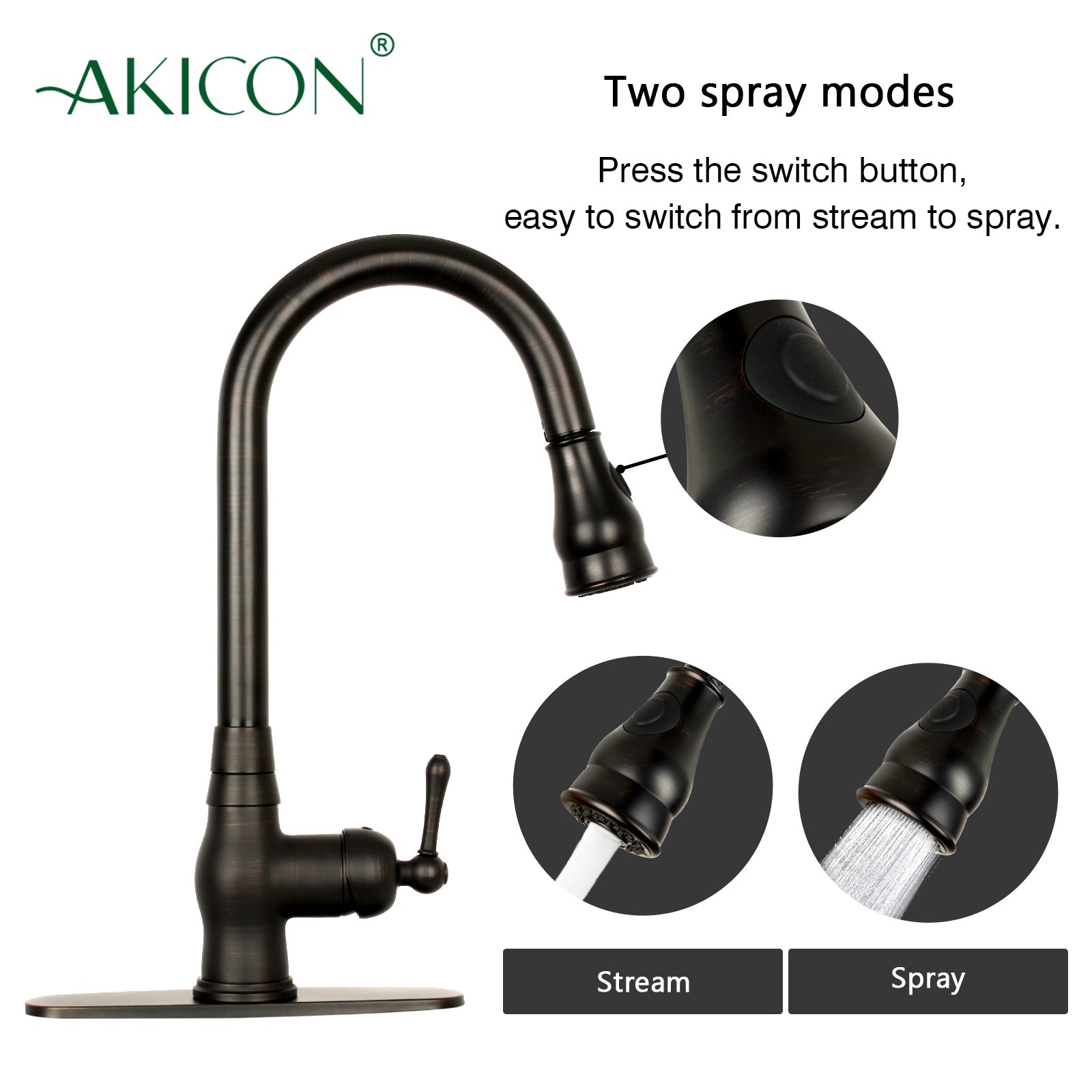 Pull Out Kitchen Faucet with Deck Plate, Single Level Solid Brass Kitchen Sink Faucets with Pull Down Sprayer-AK96418-D-ORB