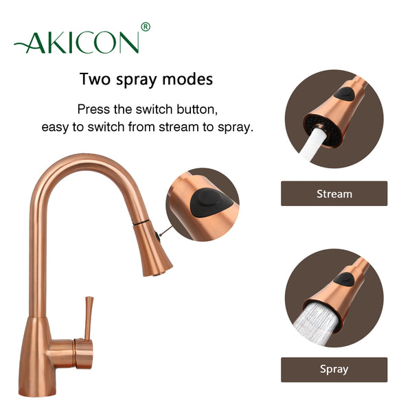 Copper Kitchen Faucet with Soap Dispenser, Single Handle Solid Brass High Arc Pull Down Sprayer Head Kitchen Sink Faucets with Deck Plate