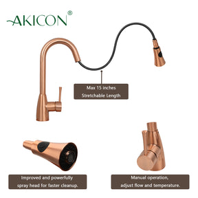 Copper Kitchen Faucet with Soap Dispenser, Single Handle Solid Brass High Arc Pull Down Sprayer Head Kitchen Sink Faucets with Deck Plate