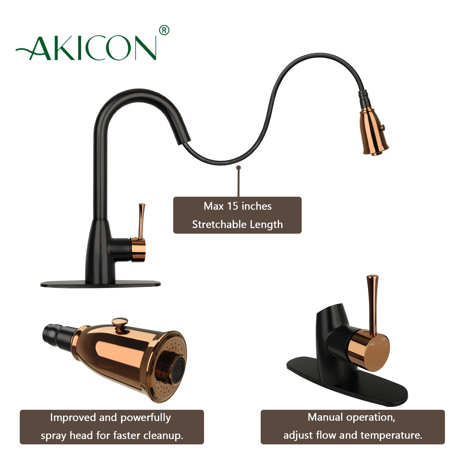 Two-Tone Matte Black & Rose Gold Pull Out Kitchen Faucet with Deck Plate, Single Level Solid Brass Kitchen Sink Faucets with Pull Down Sprayer - AK455BLRG