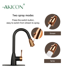 Two-Tone Matte Black & Rose Gold Pull Out Kitchen Faucet with Deck Plate, Single Level Solid Brass Kitchen Sink Faucets with Pull Down Sprayer - AK455BLRG