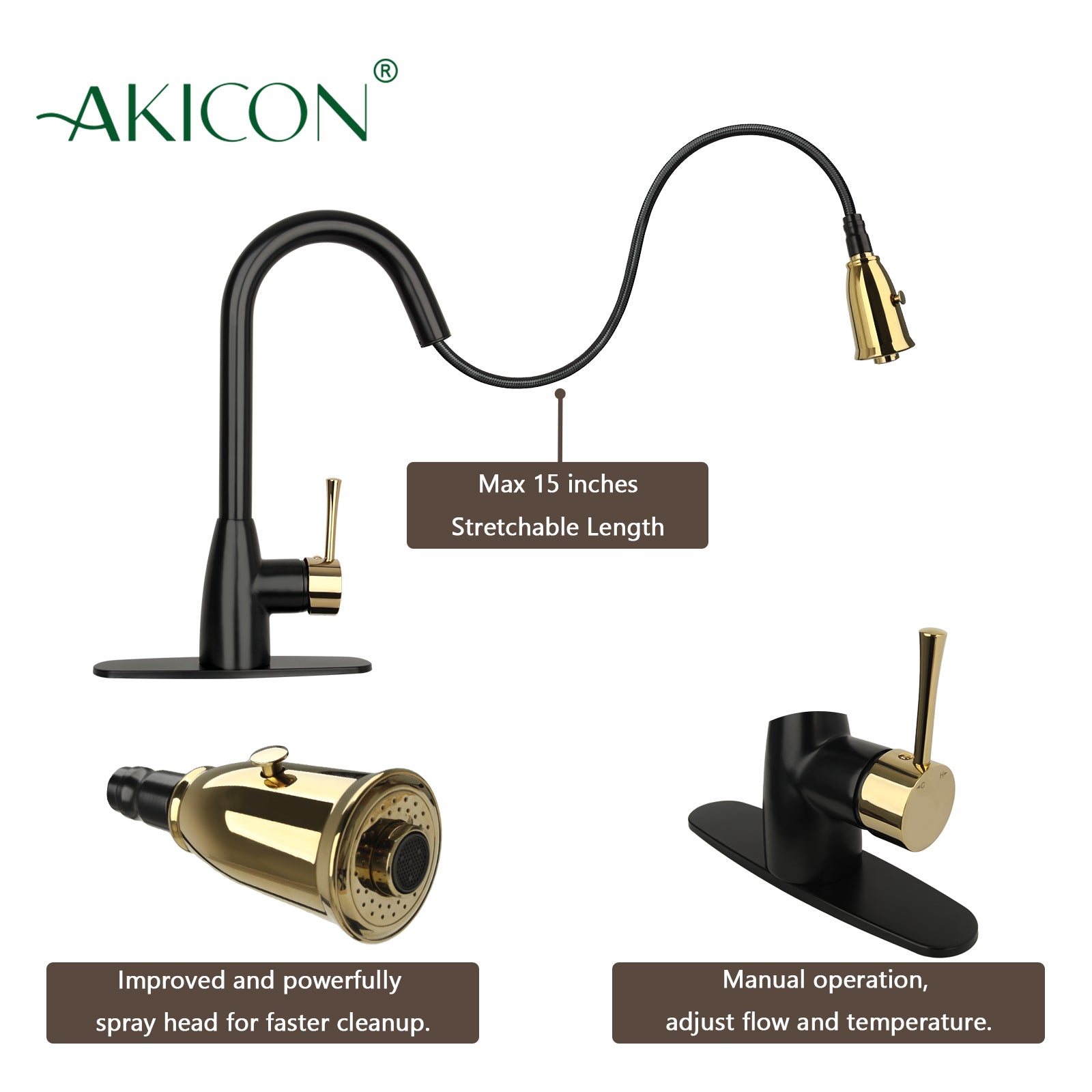 Two-Tone Matte Black & Gold Pull Out Kitchen Faucet with Deck Plate, Single Level Solid Brass Kitchen Sink Faucets with Pull Down Sprayer - AK455BLZG