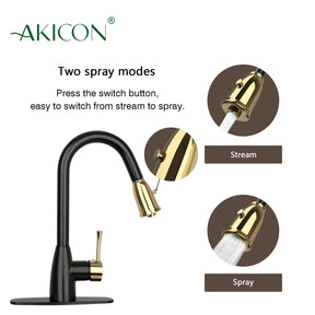 Two-Tone Matte Black & Gold Pull Out Kitchen Faucet with Deck Plate, Single Level Solid Brass Kitchen Sink Faucets with Pull Down Sprayer - AK455BLZG