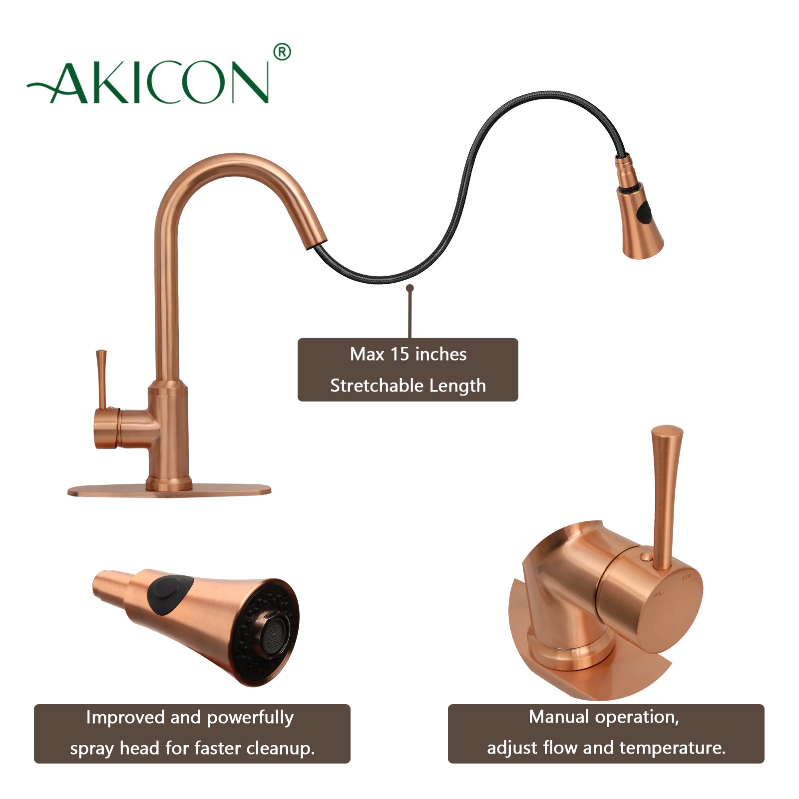 Copper Pull Out Kitchen Faucet with Deck Plate, Single Level Solid Brass Kitchen Sink Faucets with Pull Down Sprayer-AK96466C