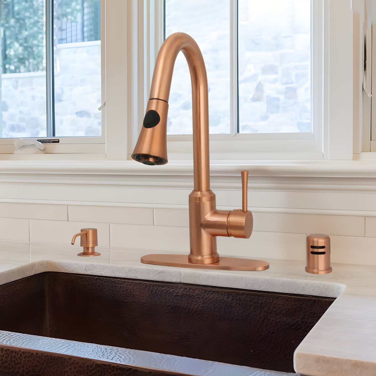Copper Pull Out Kitchen Faucet with Deck Plate, Single Level Solid Brass Kitchen Sink Faucets with Pull Down Sprayer-AK96466C