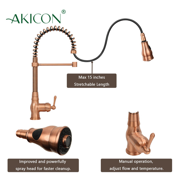 Copper Pre-Rinse Spring Kitchen Faucet, Single Level Solid Brass Kitchen Sink Faucets with Pull Down Sprayer