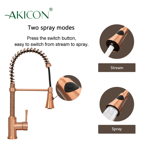 Copper Pre-Rinse Spring Kitchen Faucet, Single Level Solid Brass Kitchen Sink Faucets with Pull Down Sprayer - AK96565C