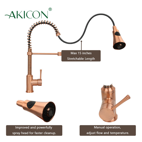Copper Pre-Rinse Spring Kitchen Faucet, Single Level Solid Brass Kitchen Sink Faucets with Pull Down Sprayer - AK96565C