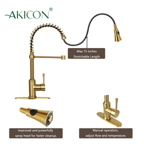 Brushed Gold Pre-Rinse Spring Kitchen Faucet, Single Level Solid Brass Kitchen Sink Faucets with Pull Down Sprayer - AK96565BTG