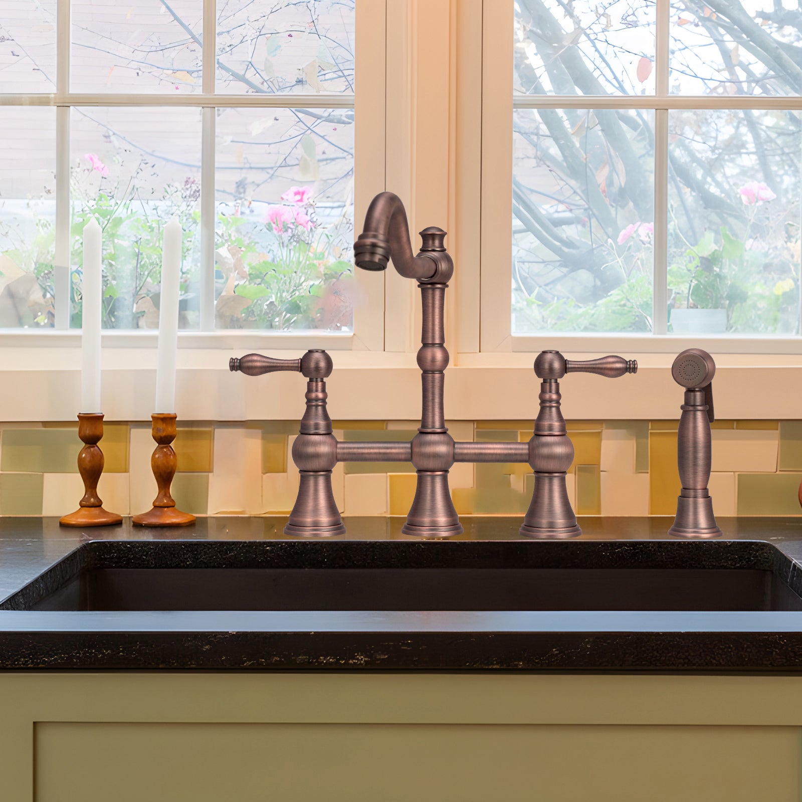 Copper Two-Handles Bridge Kitchen Faucet with Side Sprayer, Solid Brass Kitchen Sink Faucet - Antique Bronze
