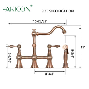 Two-Handles Antique Copper Bridge Kitchen Faucet with Side Sprayer - AK96718-AC