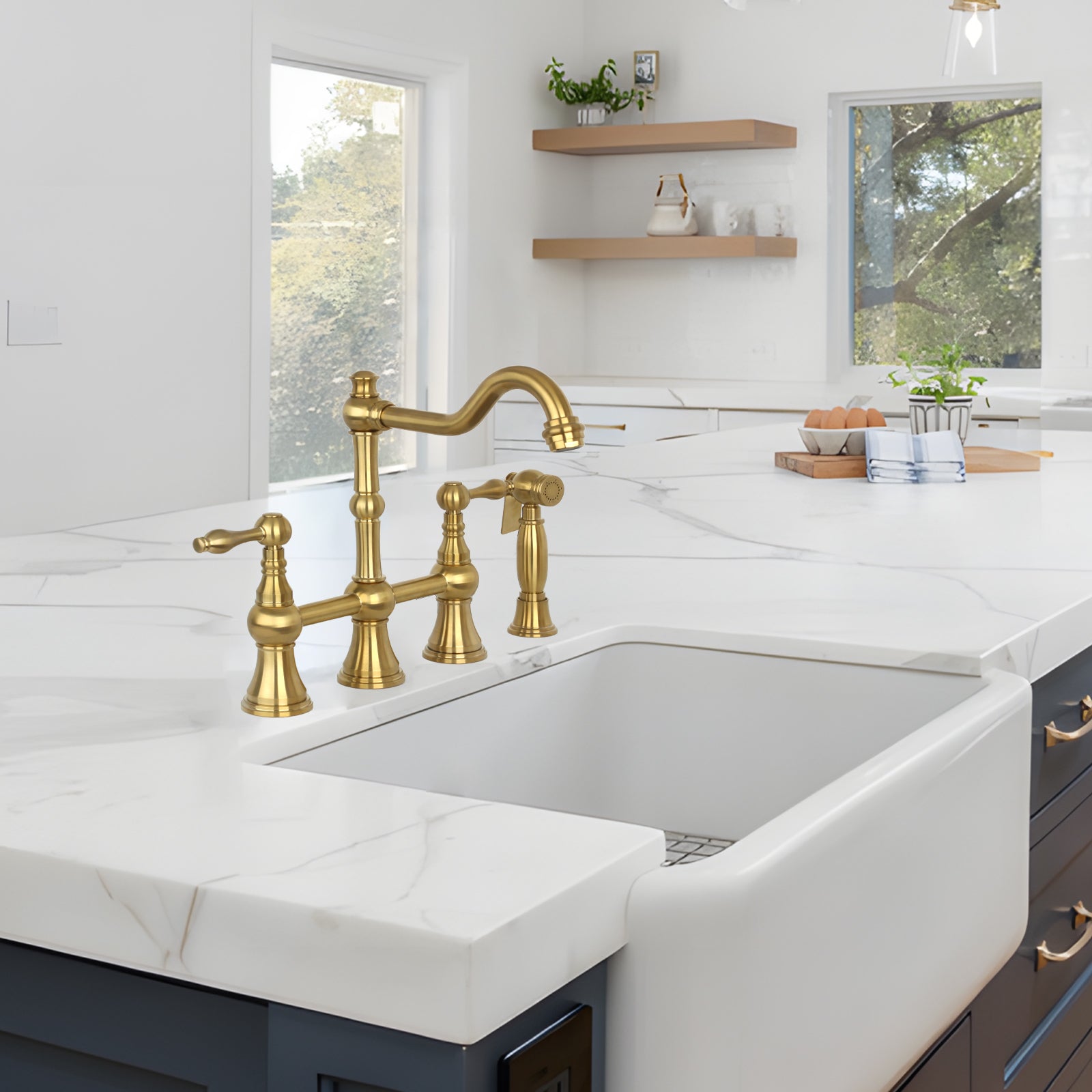 Two-Handles Brushed Gold Bridge Kitchen Faucet with Side Sprayer - AK96718BTG