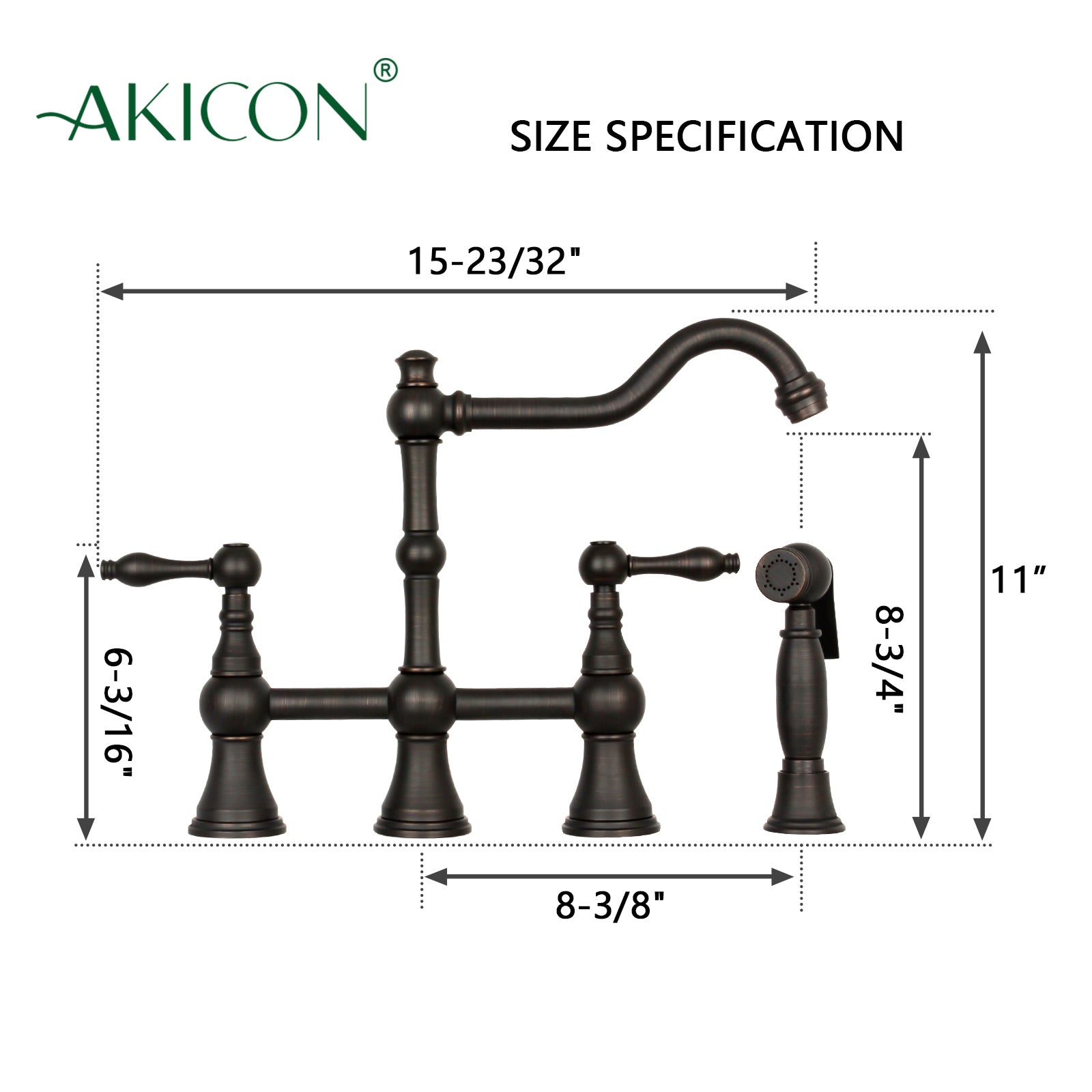 Two-Handles Oil Rubbed Bronze Bridge Kitchen Faucet with Side Sprayer - AK96718-ORB