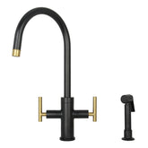 Two-Handle Matte Black & Brushed Gold Widespread Kitchen Faucet with Side Sprayer-AK96766-BLBG