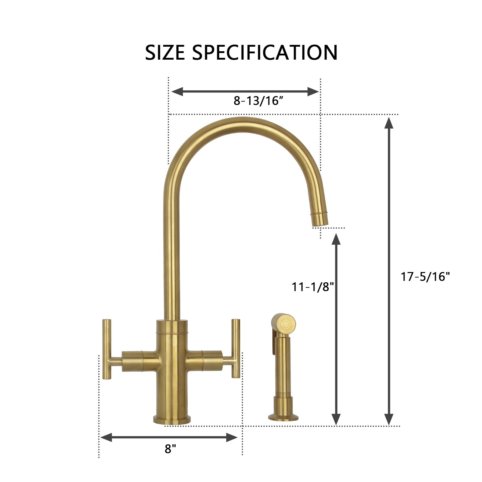 Two-Handle Brushed Gold Widespread Kitchen Faucet with Side Sprayer-AK96766-BTG