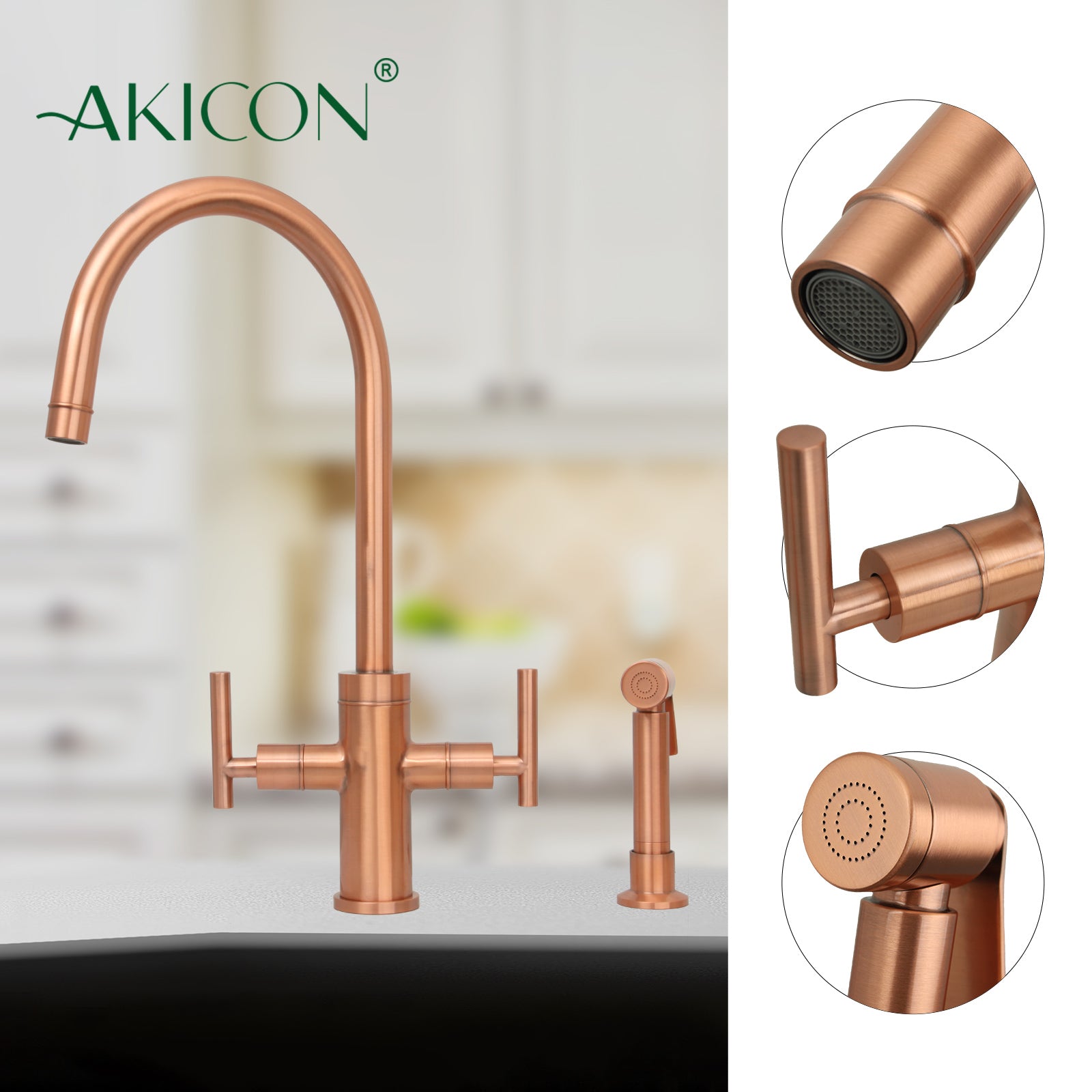 Two-Handle Copper Widespread Kitchen Faucet with Side Sprayer-AK96766C