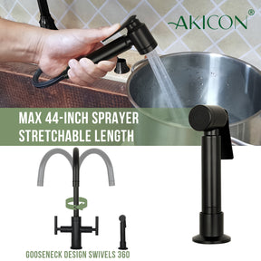 Two-Handle Matte Black Widespread Kitchen Faucet with Side Sprayer-AK96766-MB
