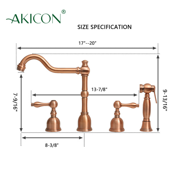 Two-Handles Copper Widespread Kitchen Faucet with Side Sprayer - AK96818C