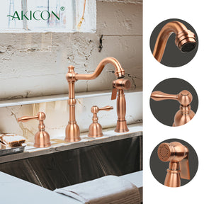 Two-Handles Copper Widespread Kitchen Faucet with Side Sprayer - AK96818C