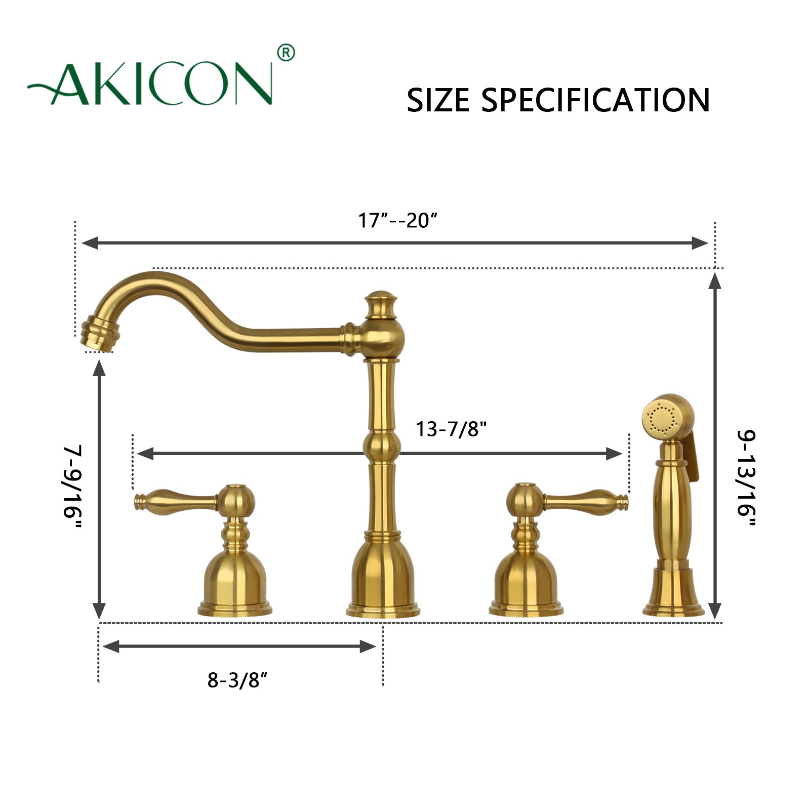 Two-Handles Brushed Gold Widespread Kitchen Faucet with Side Sprayer - AK96818BTG