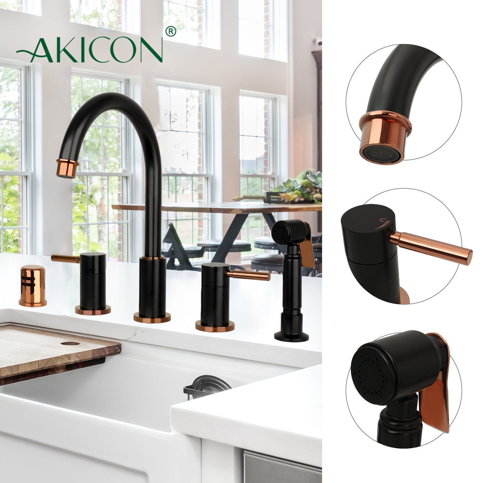 Two-Handles Matte Black & Rose Gold Widespread Kitchen Faucet with Side Sprayer - AK96866-BLRG